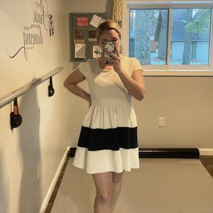 White and Blue Short-Sleeve, Mid-length Dress